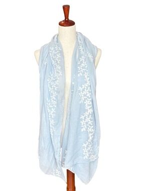 Oversized Cotton Sheer Lightweight Dress Scarf Blue with White Embroidery